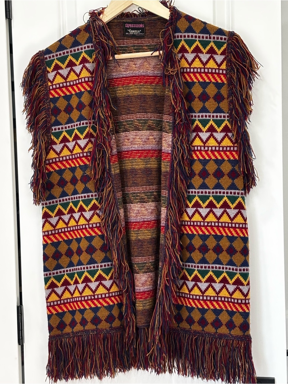 70s Expressions Multicolor Fringe Bohemian Knit Vest - Brown, Red, Green, Cream